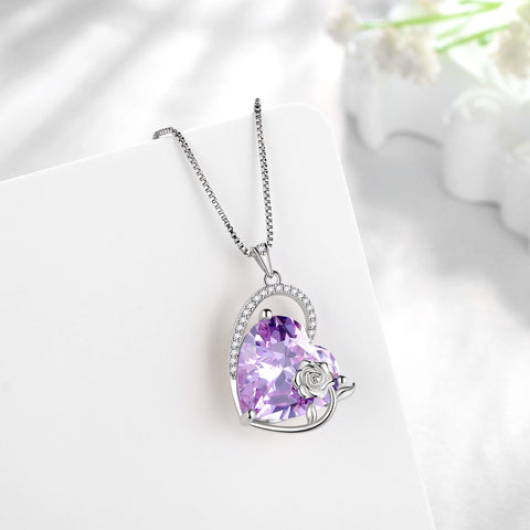 925 Sterling Silver 15MM Heart Necklace Women June Birthstone Alexandrite Purple Jewelry Rose Flower Pendant Mom Birthday Valentines's Day Gift for Her - Aurora Tears