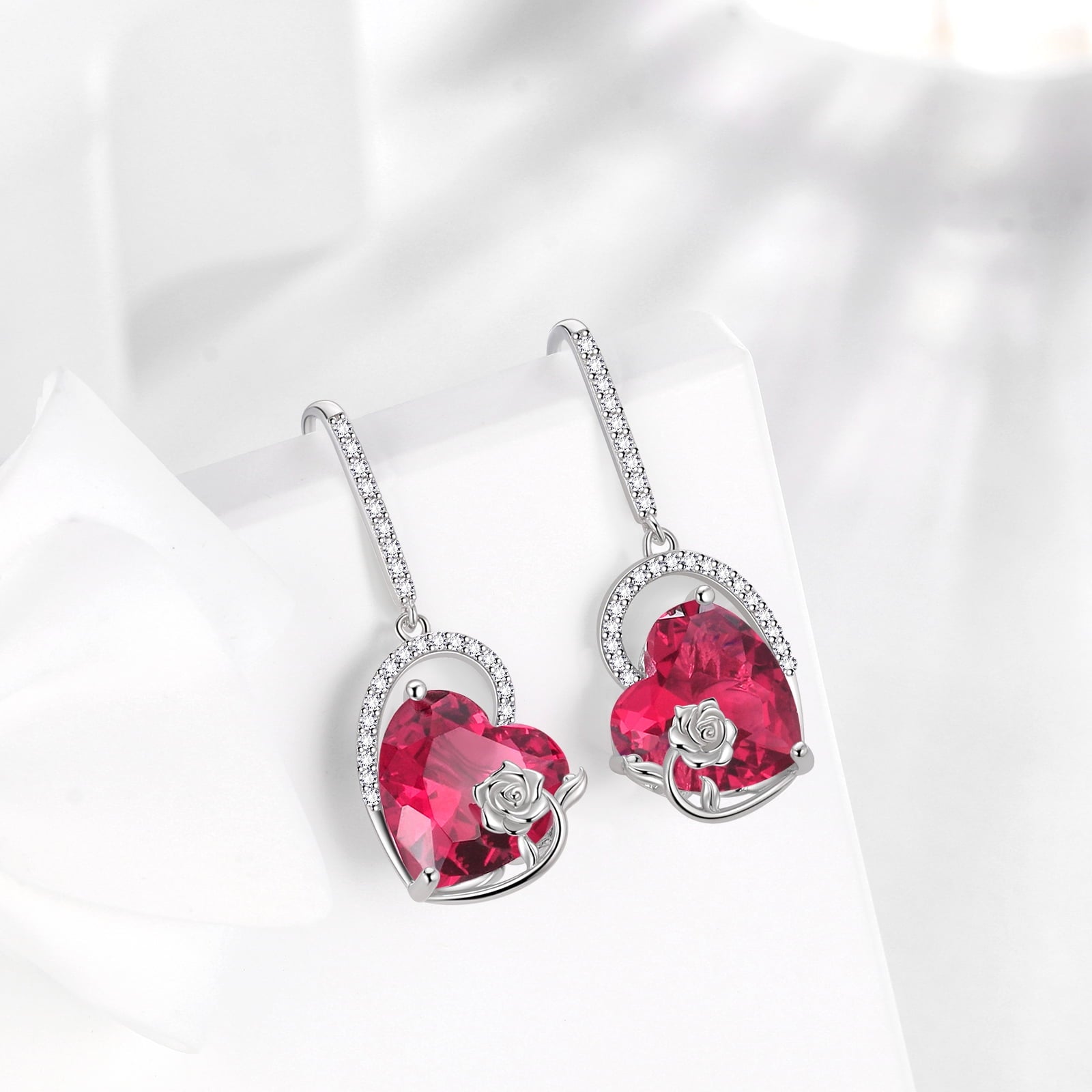 925 Sterling Silver Earrings Women Heart July Birthstone Hook Dangle Earrings Ruby Red Rose Jewelry Mother Christmas Valentine's Day Gift - Aurora Tears