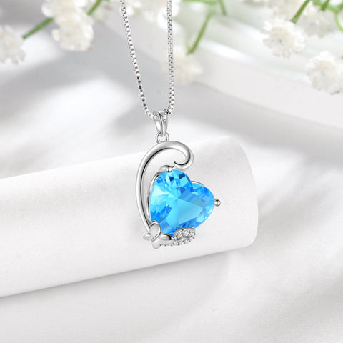 March Birthstone Necklace Butterfly Heart Pendant Blue Aquamarine Jewelry 925 Sterling Silver Women Mother Birthday Valentine's Day Gift - Aurora Tears