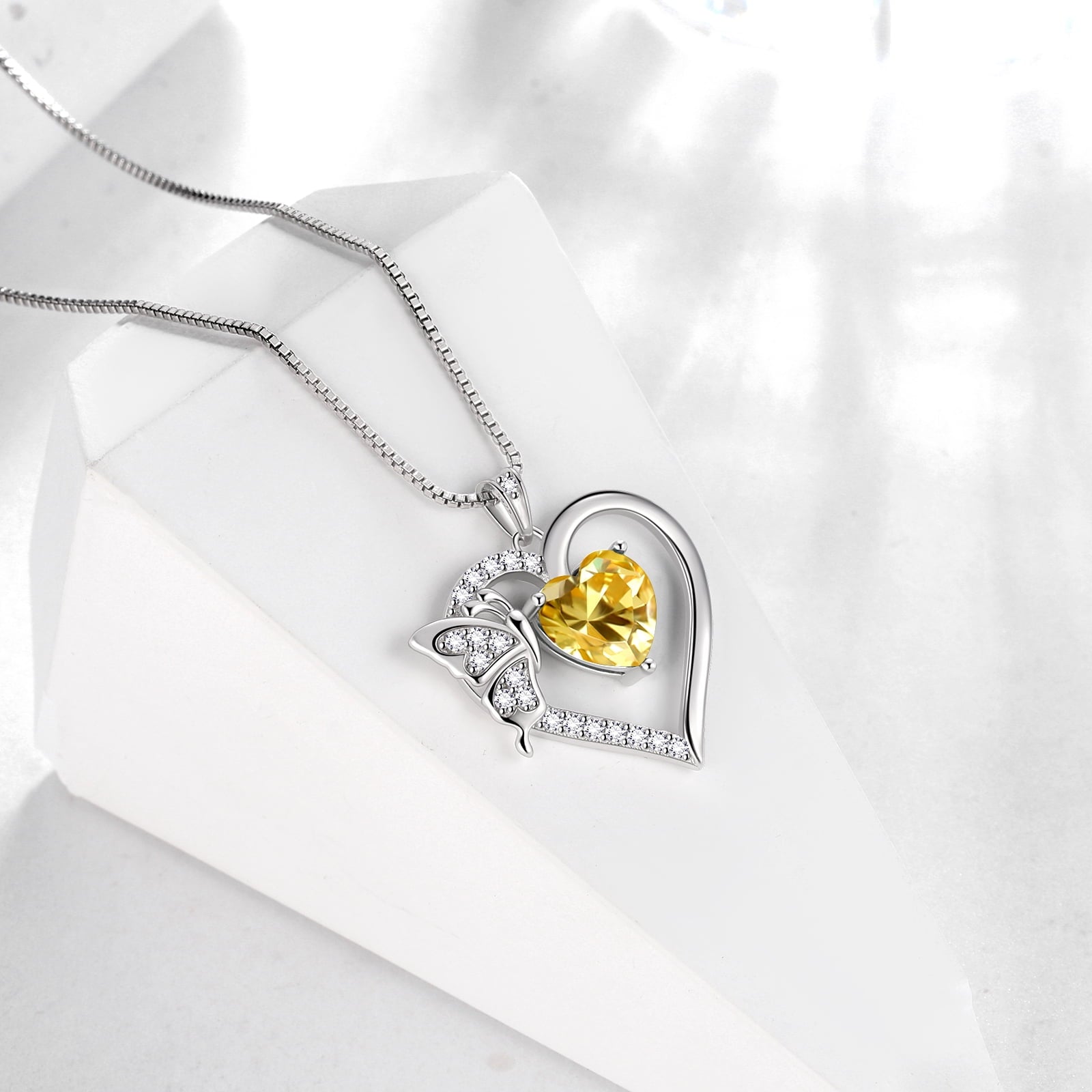 Women Yellow Heart Necklace Butterfly November Birthstone Necklace Citrine CZ 925 Sterling Silver Pendant Jewelry Mother Wife Christmas Birthday Gift - Aurora Tears
