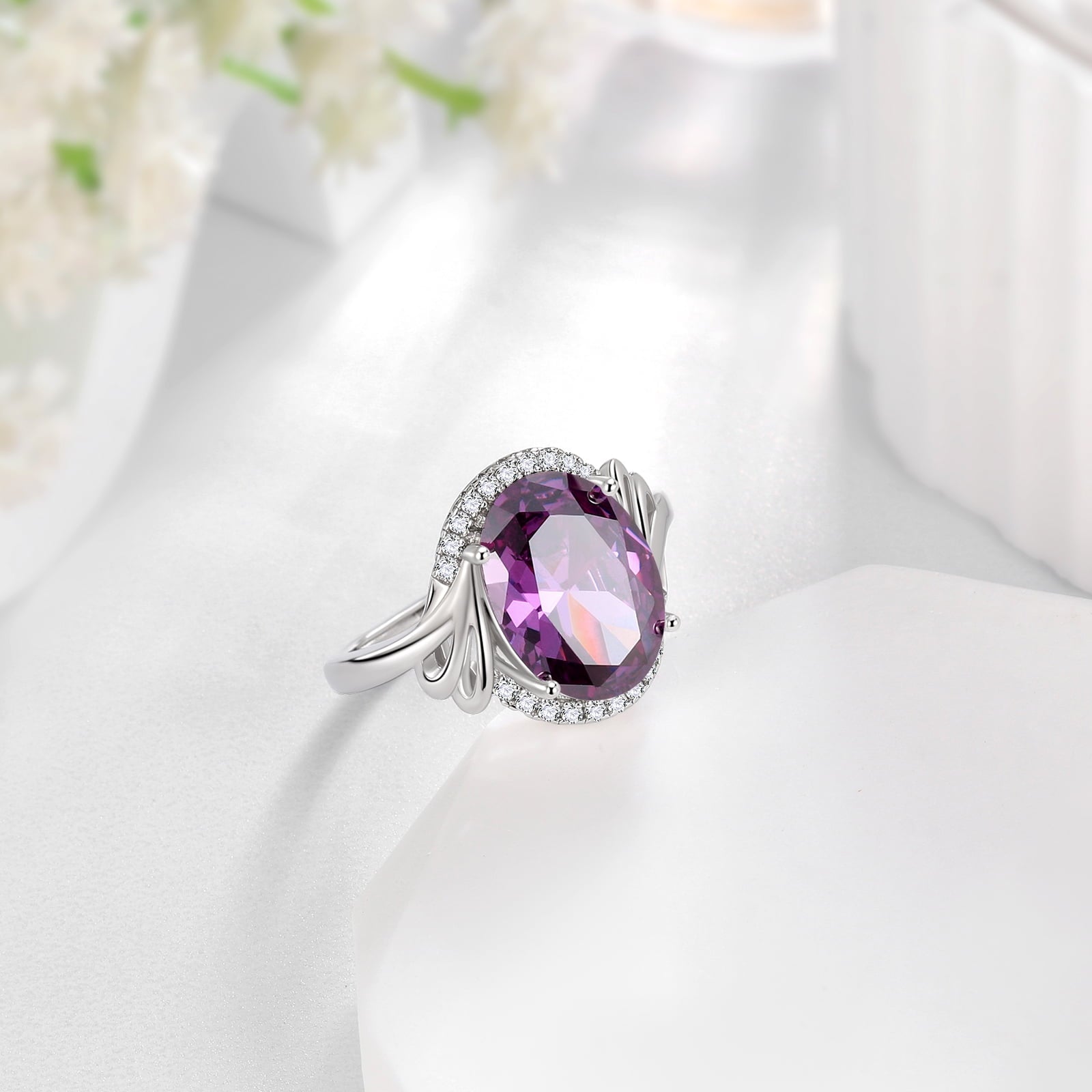 Halo Oval 8Ct Women Ring 925 Sterling Silver February Birthstone Amethyst Purple Crystal Jewelry Mother Grandma Birthday Valentine's Day Gift - Aurora Tears