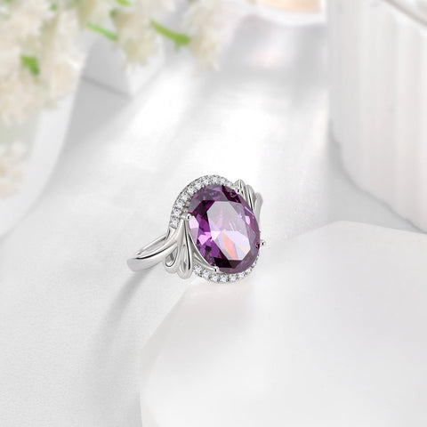 Halo Oval 8Ct Women Ring 925 Sterling Silver February Birthstone Amethyst Purple Crystal Jewelry Mother Grandma Birthday Valentine's Day Gift - Aurora Tears