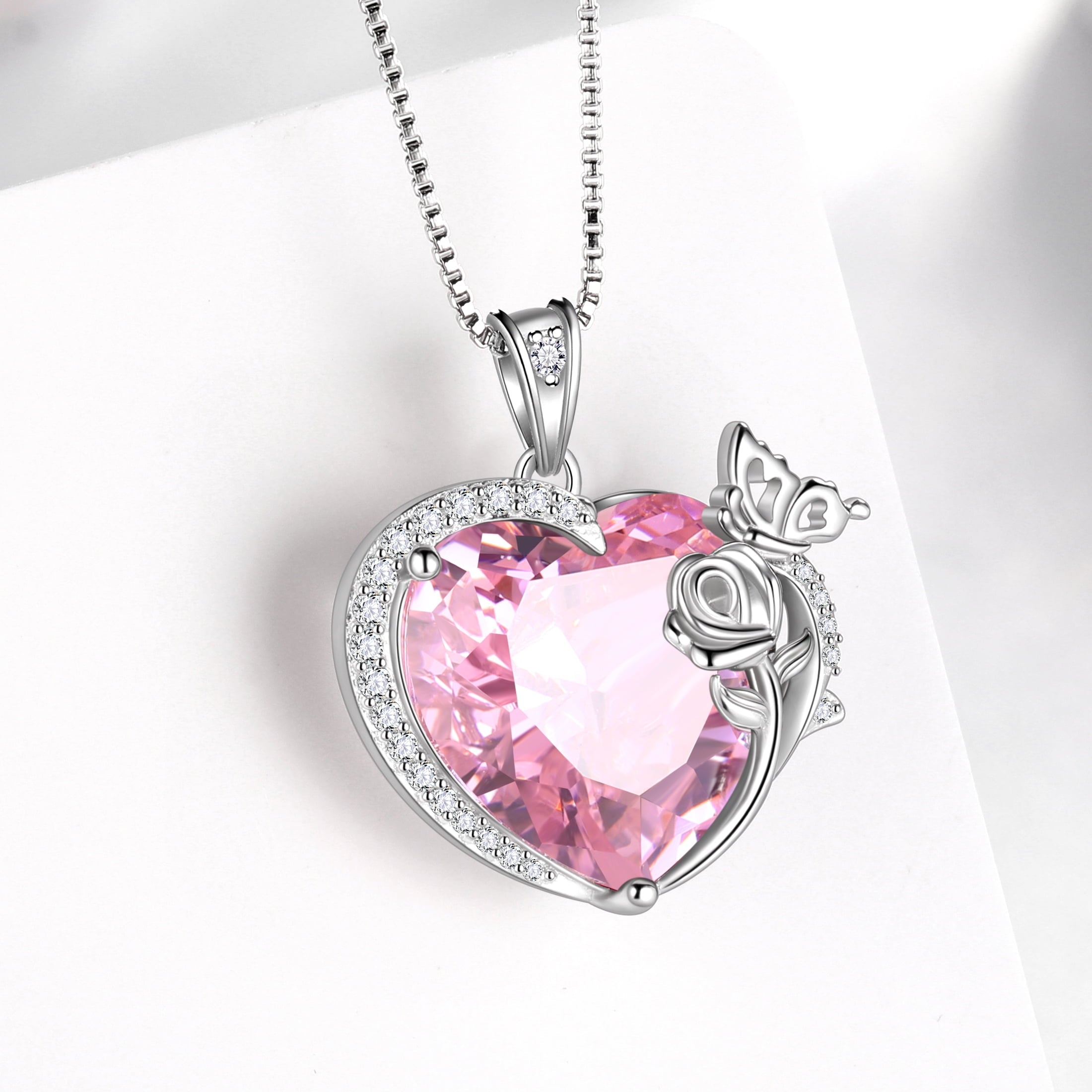 Women Heart Necklace Butterfly Rose Flower Pendant October Birthstone Tourmaline Pink Jewelry 925 Sterling Silver Mother Wife Girlfriend Valentines Gift - Aurora Tears