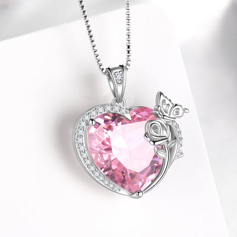 Women Heart Necklace Butterfly Rose Flower Pendant October Birthstone Tourmaline Pink Jewelry 925 Sterling Silver Mother Wife Girlfriend Valentines Gift - Aurora Tears