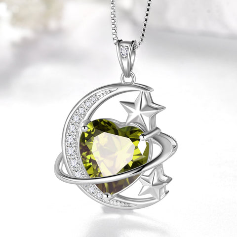 13MM Women Moon and Star Necklace Heart August Birthstone 925 Sterling Silver Pendant Green Peridot Celestial Jewelry Christmas Birthday Valentines Gift for Her/Wife/Mother - Aurora Tears