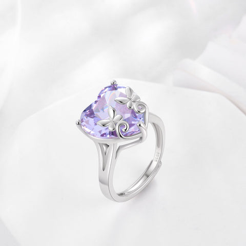 9Ct Women Heart Ring 925 Sterling Silver Butterfly June Birthstone Alexandrite Solitaire Ring Jewelry Birthday Gift for Mother - Aurora Tears