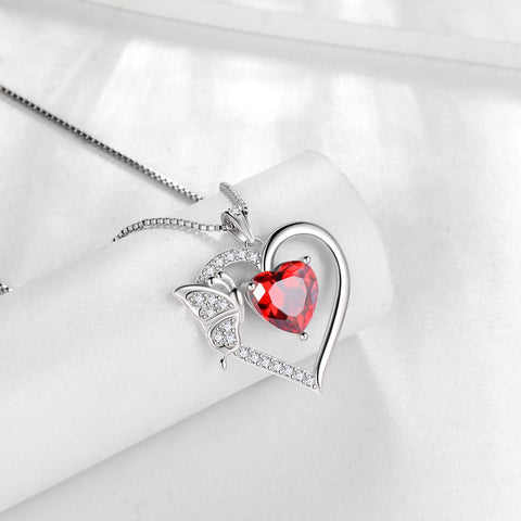 Women Red Heart Necklace Butterfly January Birthstone Necklace Garnet 925 Sterling Silver Pendant Jewelry Birthday Christmas Mother's Day Gifts - Aurora Tears