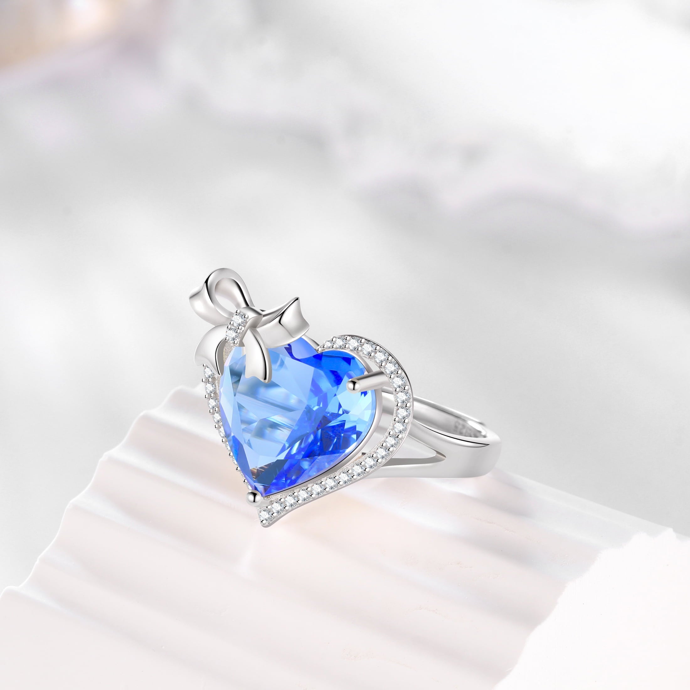 6Ct Heart Women Ring Bow Kont Ribbon 925 Sterling Silver December Birthstone Tanzanite Blue Solitaire Jewelry Mother Christmas Valentines Gift for Her - Aurora Tears