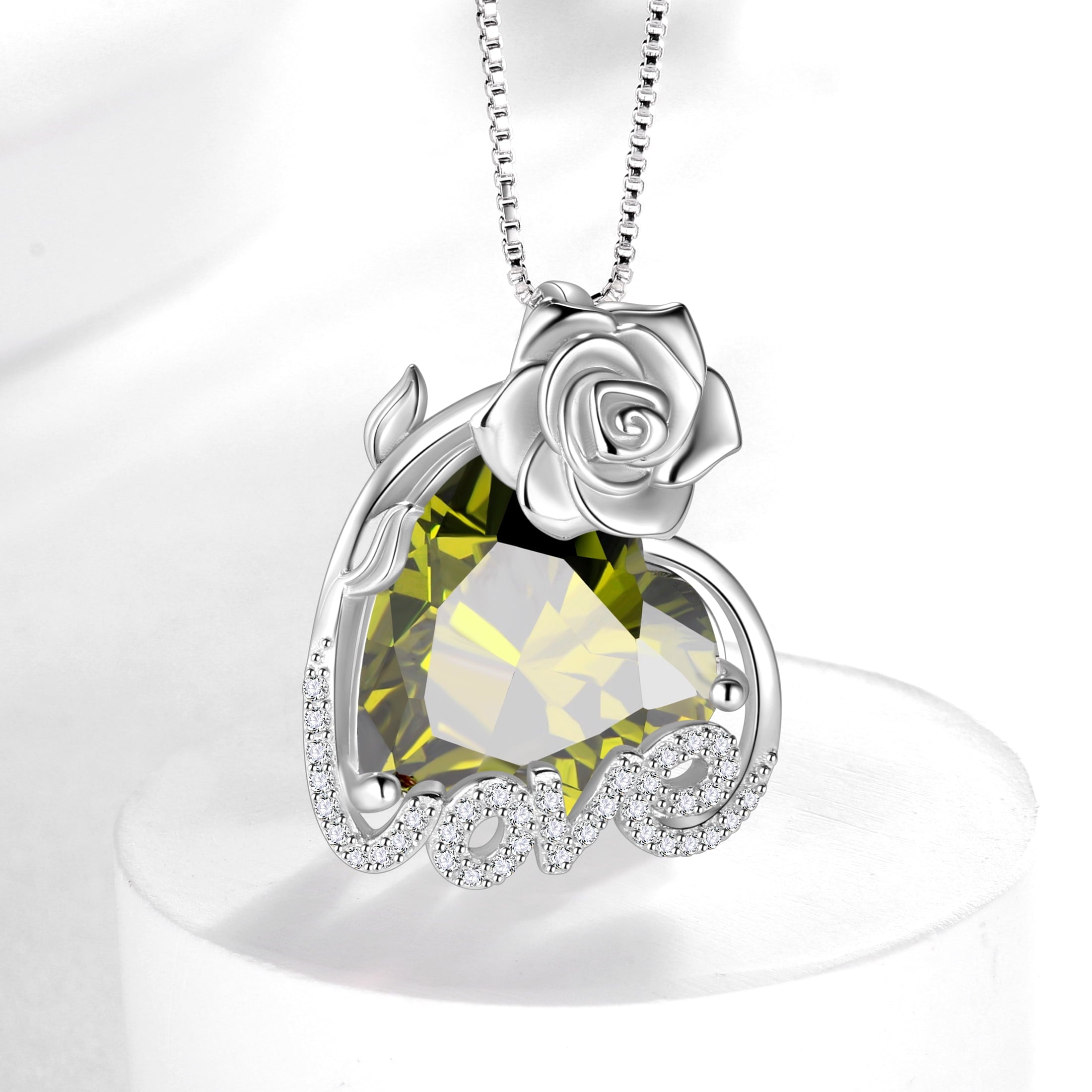15MM Rose Heart Women Necklace August Birthstone 925 Sterling Silver Flower Love Pendant Green Peridot Jewelry Christmas Birthday Valentine Gift for Mom - Aurora Tears