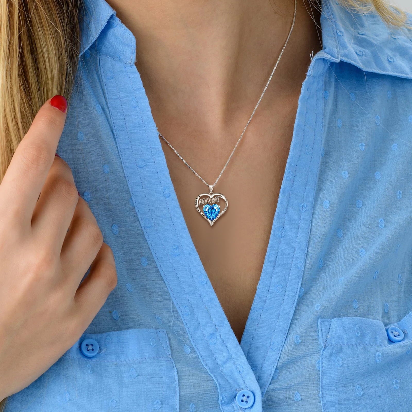 Women Mom Necklace Heart March Birthstone Necklace Aquamarine Blue 925 Sterling Silver Pendant Jewelry Christmas Birthday Mother's Day Gift - Aurora Tears
