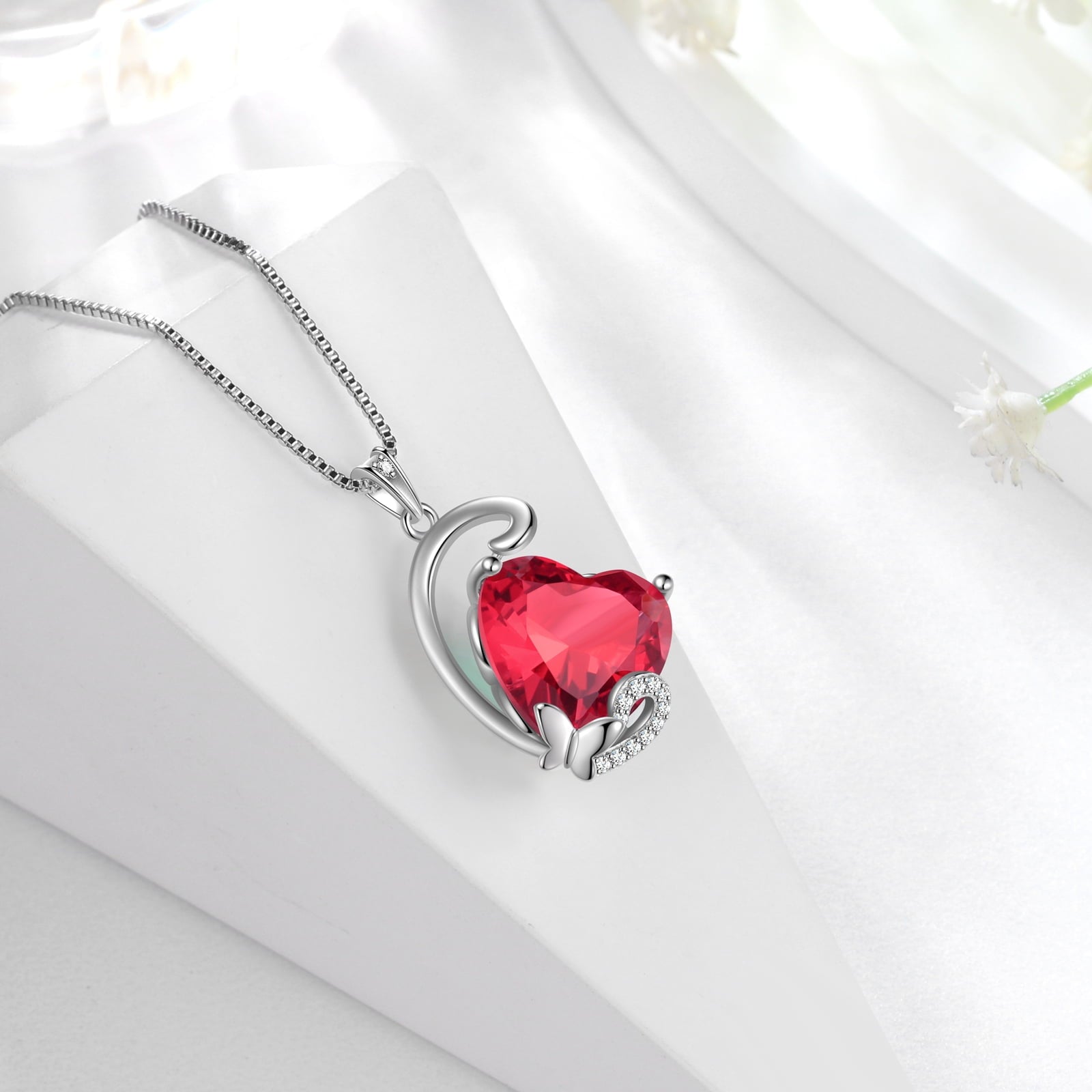 July Birthstone Heart Necklace Butterfly Jewelry Pendant Red Ruby Necklace 925 Sterling Silver Women Mother Birthday Valentine's Day Gift - Aurora Tears