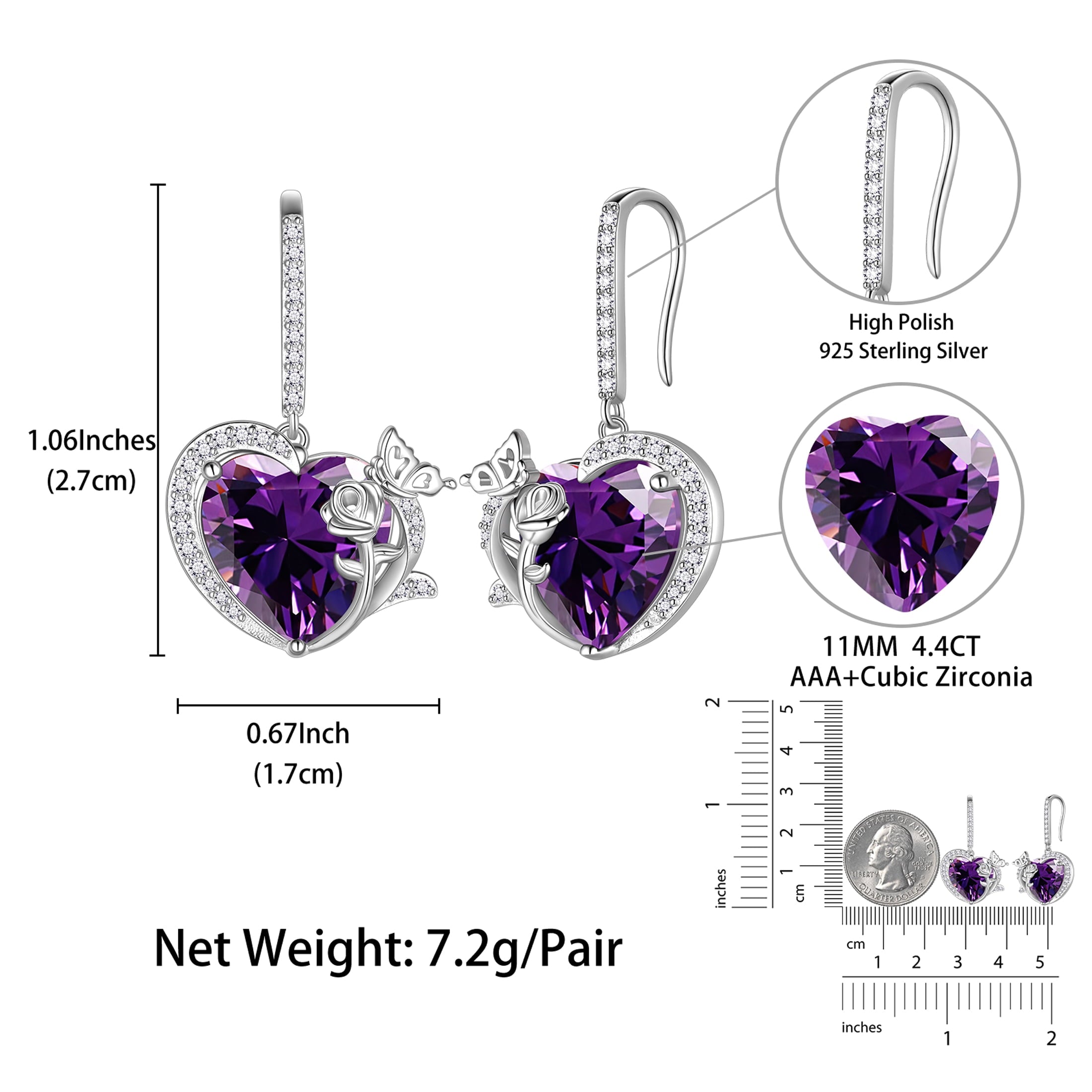 Women February Birthstone Drop Earrings Heart Amethyst Purple Butterfly Rose Jewelry Hook 925 Sterling Silver Earring Birthday Valentine's Day Gift - Aurora Tears