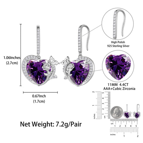 Women February Birthstone Drop Earrings Heart Amethyst Purple Butterfly Rose Jewelry Hook 925 Sterling Silver Earring Birthday Valentine's Day Gift - Aurora Tears