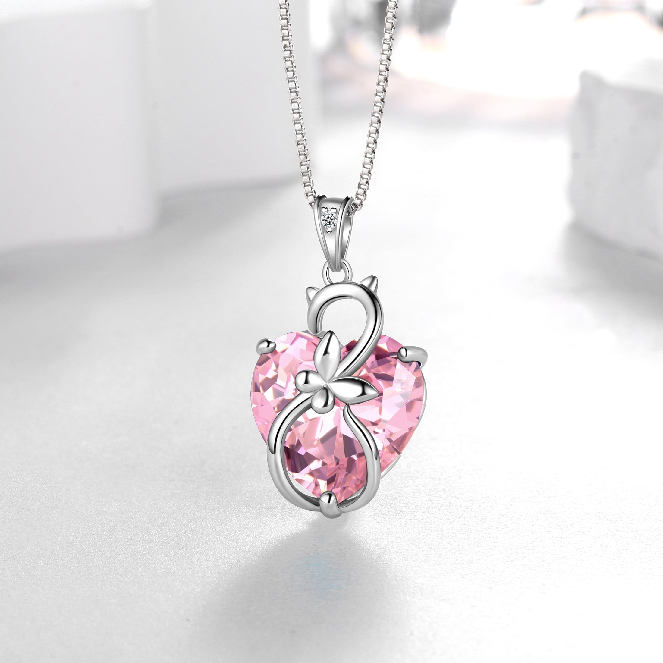 15MM Women Cat Necklace Heart October Birthstone 925 Sterling Silver Pendant Pink Tourmaline Butterfly Jewelry Mother Birthday Valentine's Day Gift - Aurora Tears