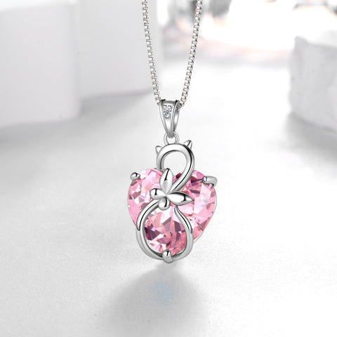 15MM Women Cat Necklace Heart October Birthstone 925 Sterling Silver Pendant Pink Tourmaline Butterfly Jewelry Mother Birthday Valentine's Day Gift - Aurora Tears