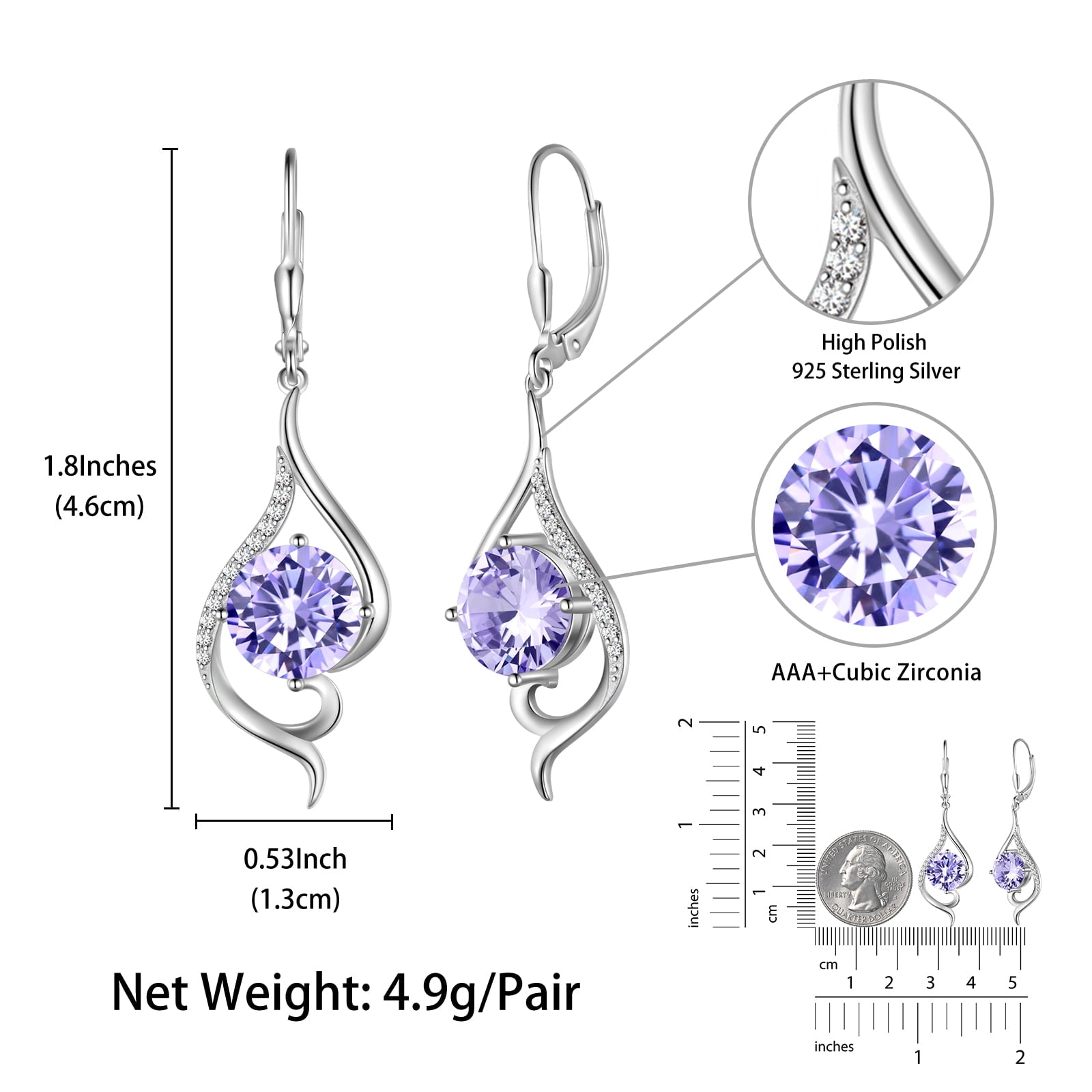 925 Sterling Silver Leverback Women Earrings June Birthstone Alexandrite Purple Long Drop Earring Tail Jewelry Mother Christmas Birthday Valentines Gift for Her - Aurora Tears