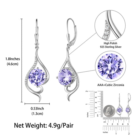 925 Sterling Silver Leverback Women Earrings June Birthstone Alexandrite Purple Long Drop Earring Tail Jewelry Mother Christmas Birthday Valentines Gift for Her - Aurora Tears