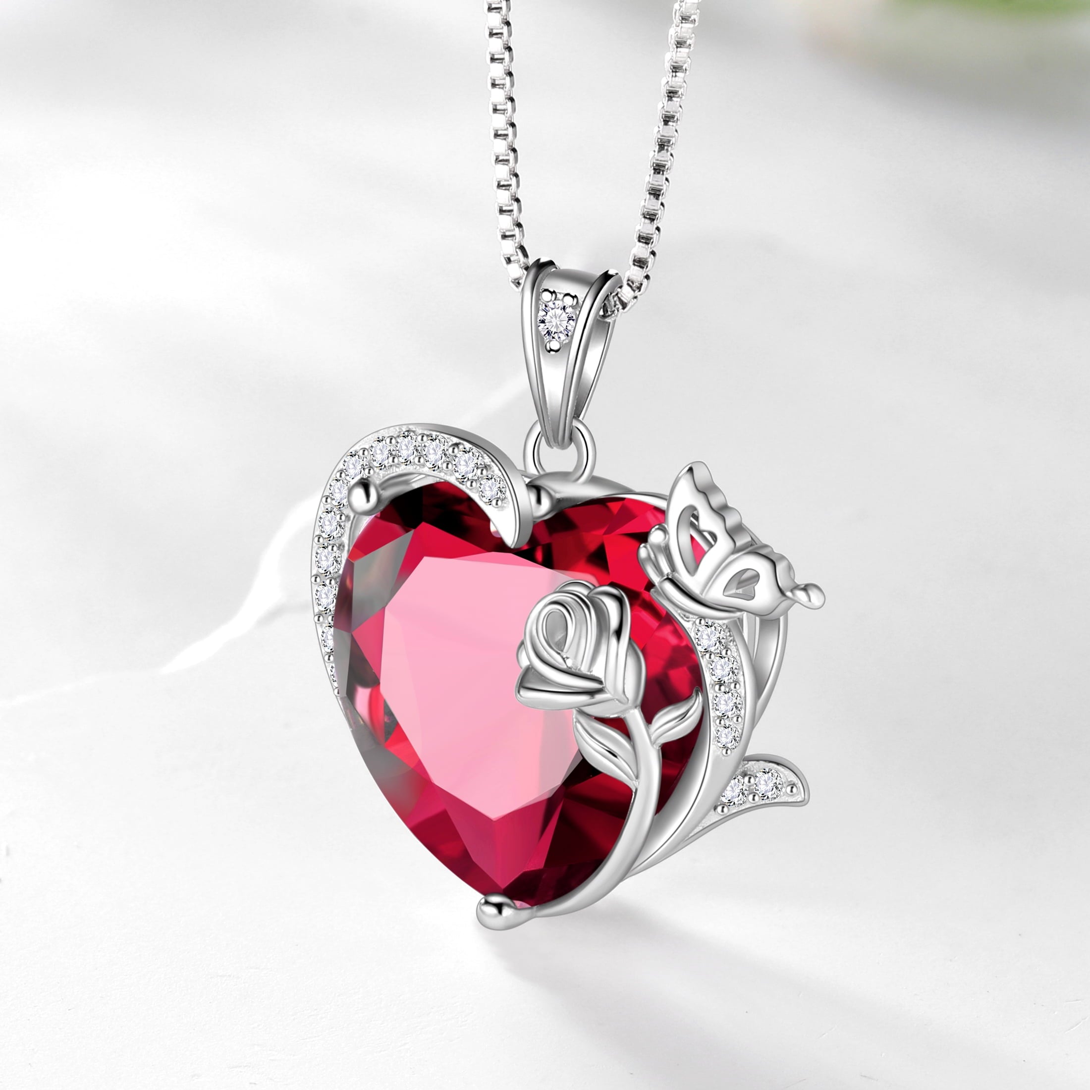 Women Heart Necklace Butterfly Rose Flower Pendant July Birthstone Ruby Jewelry 925 Sterling Silver Mother Wife Valentine's Day Gift - Aurora Tears