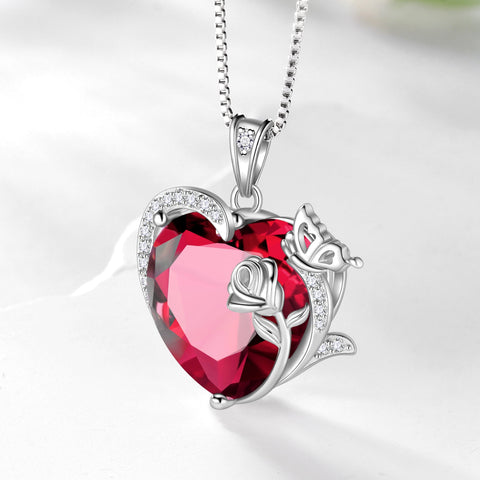 Women Heart Necklace Butterfly Rose Flower Pendant July Birthstone Ruby Jewelry 925 Sterling Silver Mother Wife Valentine's Day Gift - Aurora Tears