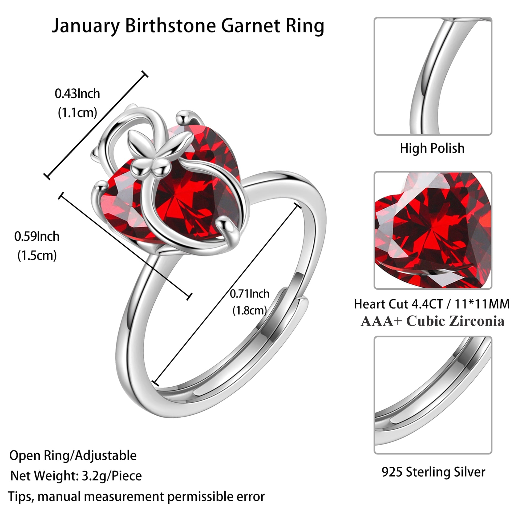 Women Heart Ring 925 Sterling Silver Cat Butterfly January Birthstone Garnet Solitaire Ring Jewelry Mother Birthday Valentine's Day Gift - Aurora Tears
