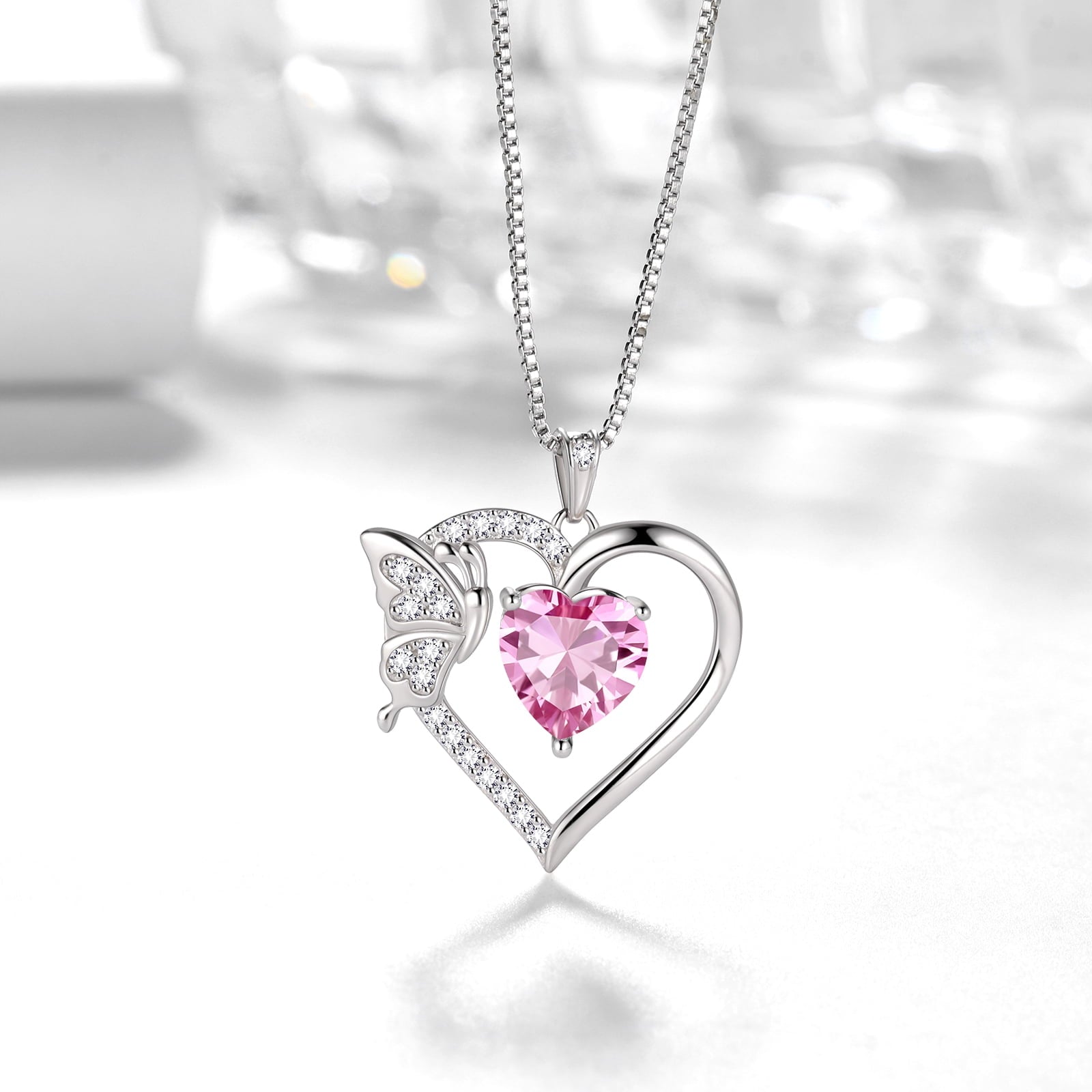 Women Pink Heart Necklace Butterfly October Birthstone Necklace Tourmaline CZ 925 Sterling Silver Pendant Jewelry Birthday Valentine's Day Gift - Aurora Tears