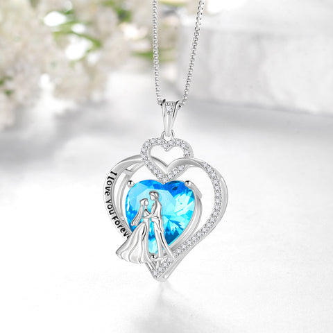 Couple Necklace for Women 925 Sterling Silver Heart March Birthstone Pendant Engraved I Love You Wedding Engagement Jewelry Valentines Day Gift for Wife Bride Her - Aurora Tears