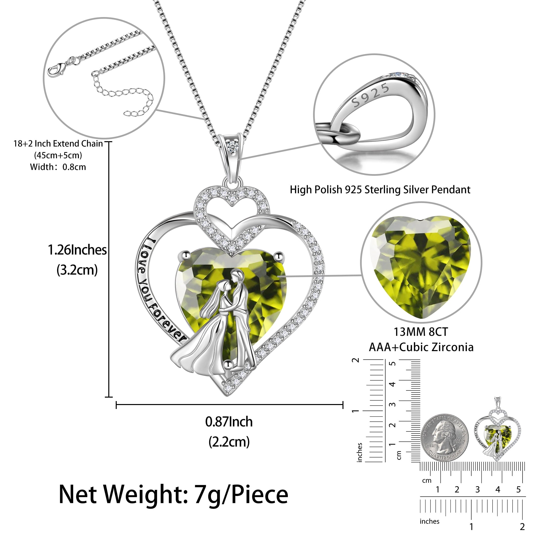 Couple Necklace for Women 925 Sterling Silver Heart August Birthstone Pendant Engraved Love You Wedding Engagement Jewelry Valentines Gift for Wife Girlfriend Her - Aurora Tears