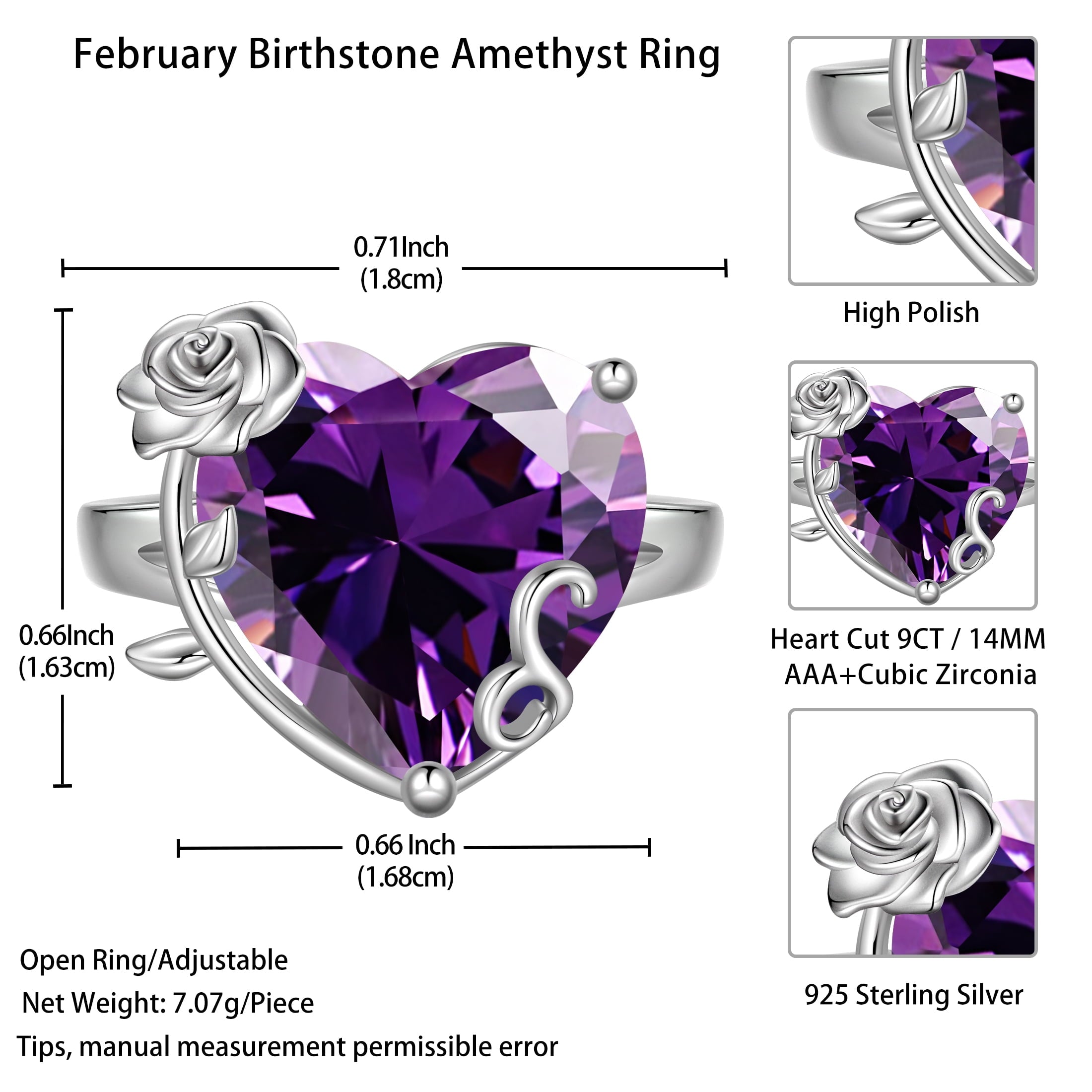 9Ct Women Heart Ring 925 Sterling Silver Rose Flower February Birthstone Amethyst Purple Solitaire Ring Jewelry Girlfriend Valentine's Day Gift - Aurora Tears