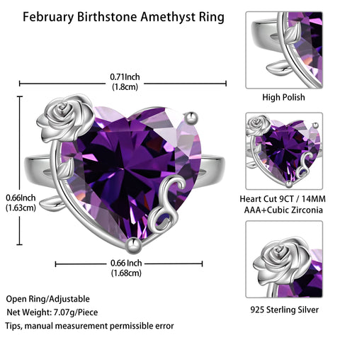 9Ct Women Heart Ring 925 Sterling Silver Rose Flower February Birthstone Amethyst Purple Solitaire Ring Jewelry Girlfriend Valentine's Day Gift - Aurora Tears