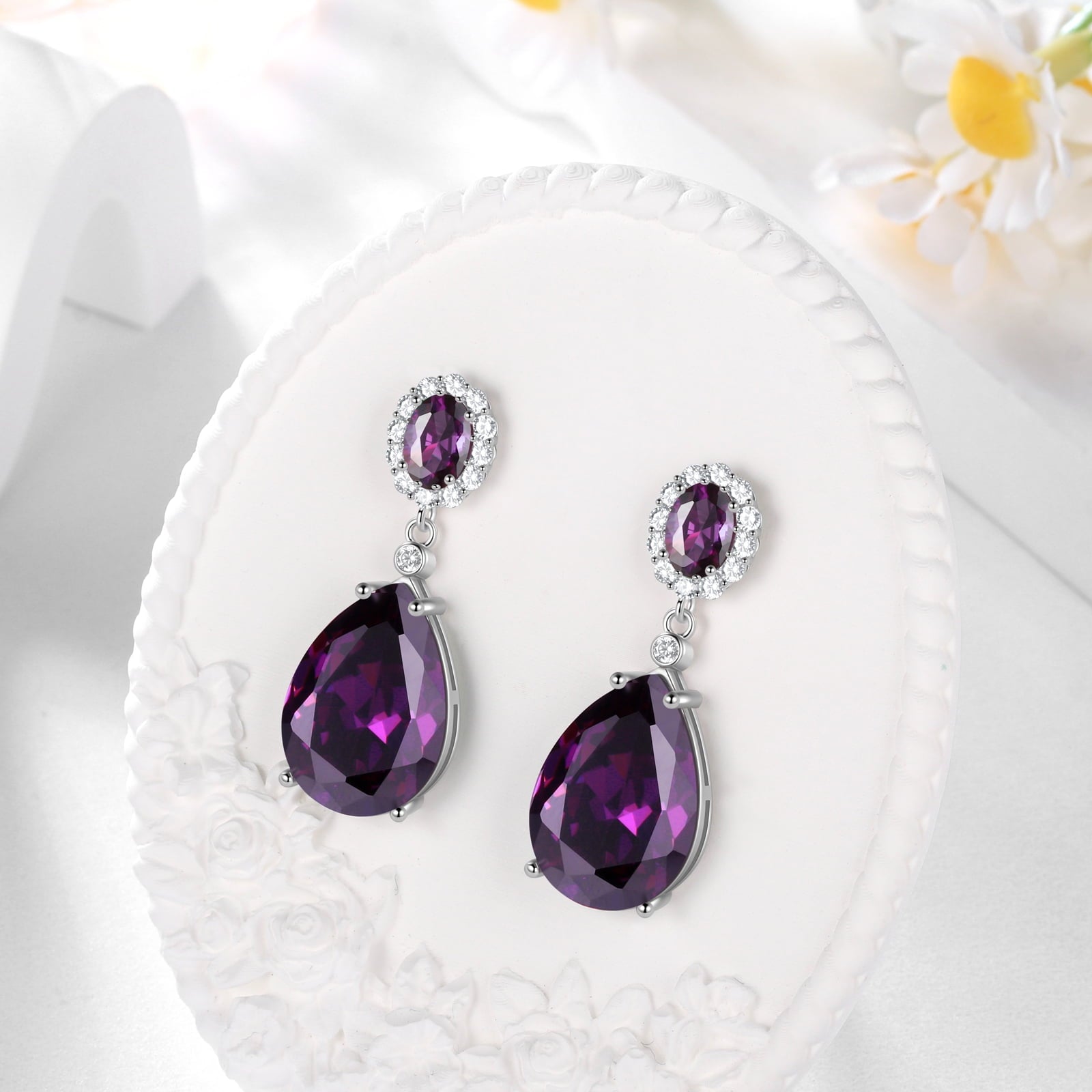 10Ct Dangling Teardrop Earrings Women February Birthstone Amethyst Purple 925 Sterling Silver Jewelry Birthday Valentine's Day Gift - Aurora Tears