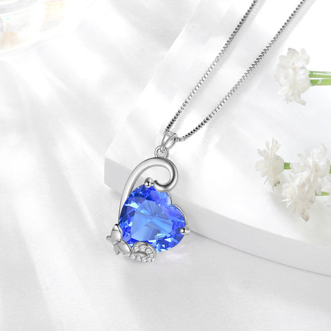 December Birthstone Necklace for Women,925 Sterling Silver Butterfly Heart Necklace Pendant Tanzanite Jewelry Mother Christmas Birthday Gift - Aurora Tears