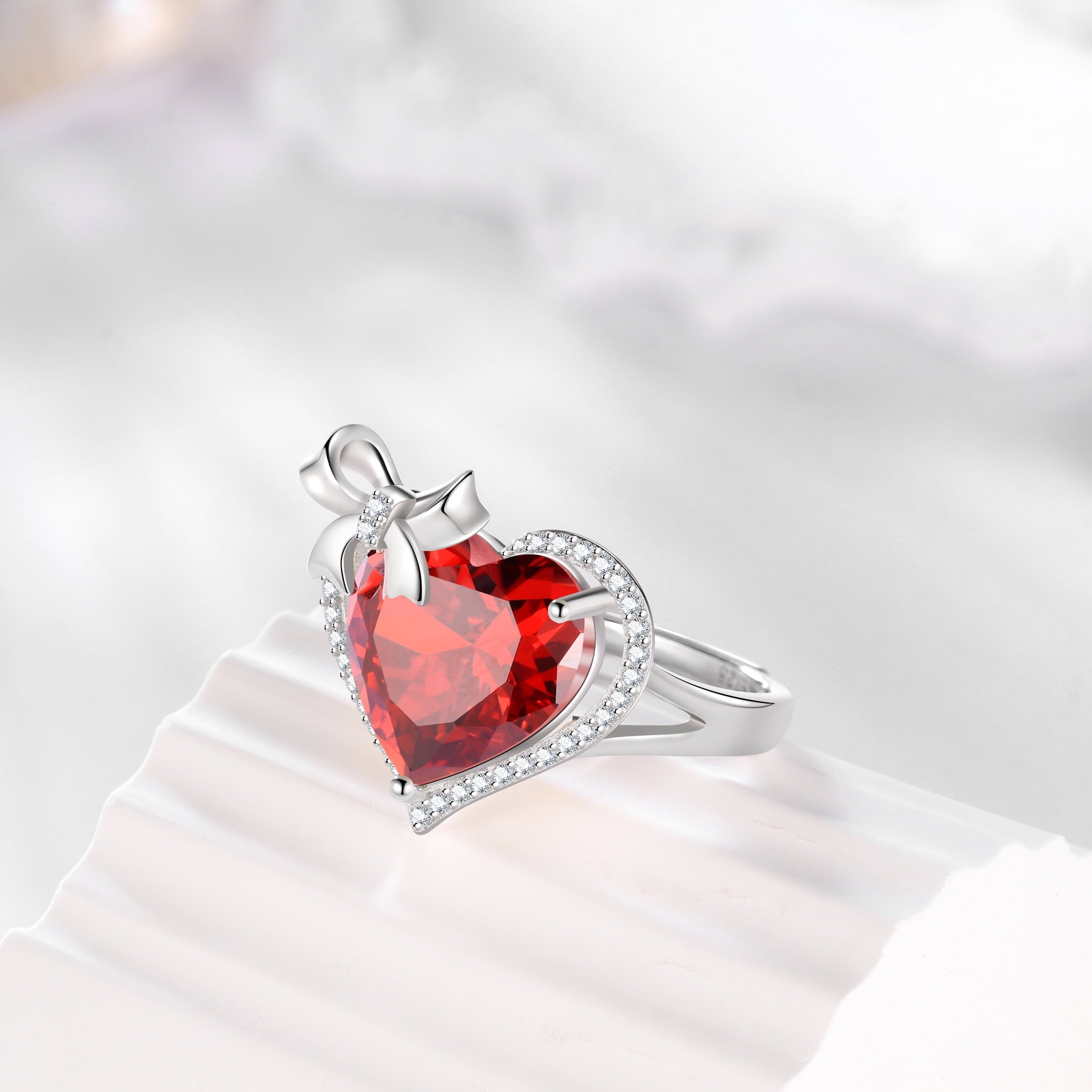 6Ct Heart Women Ring Bow Kont Ribbon 925 Sterling Silver January Birthstone Garnet Ring Red Solitaire Jewelry Mother Wife Birthday Valentine's Day Gift - Aurora Tears