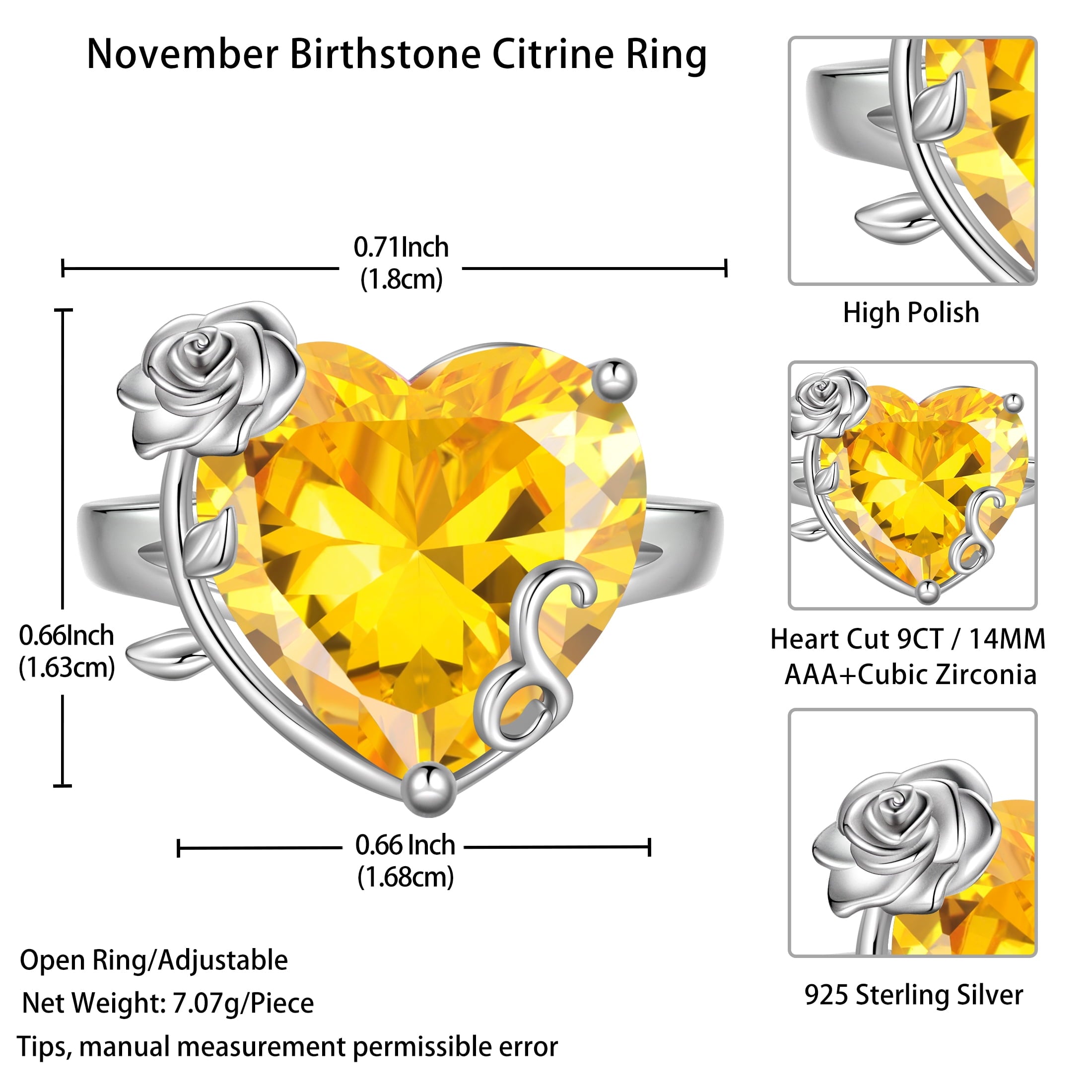 9Ct Women Heart Ring 925 Sterling Silver Rose Flower November Birthstone Citrine Solitaire Ring Jewelry Christmas Thanksgiving Gift for Mother - Aurora Tears