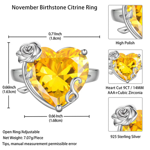 9Ct Women Heart Ring 925 Sterling Silver Rose Flower November Birthstone Citrine Solitaire Ring Jewelry Christmas Thanksgiving Gift for Mother - Aurora Tears