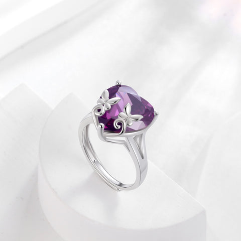 9Ct Women Heart Ring 925 Sterling Silver Butterfly February Birthstone Amethyst Purple Solitaire Ring Jewelry Girlfriend Valentine's Day Gift - Aurora Tears