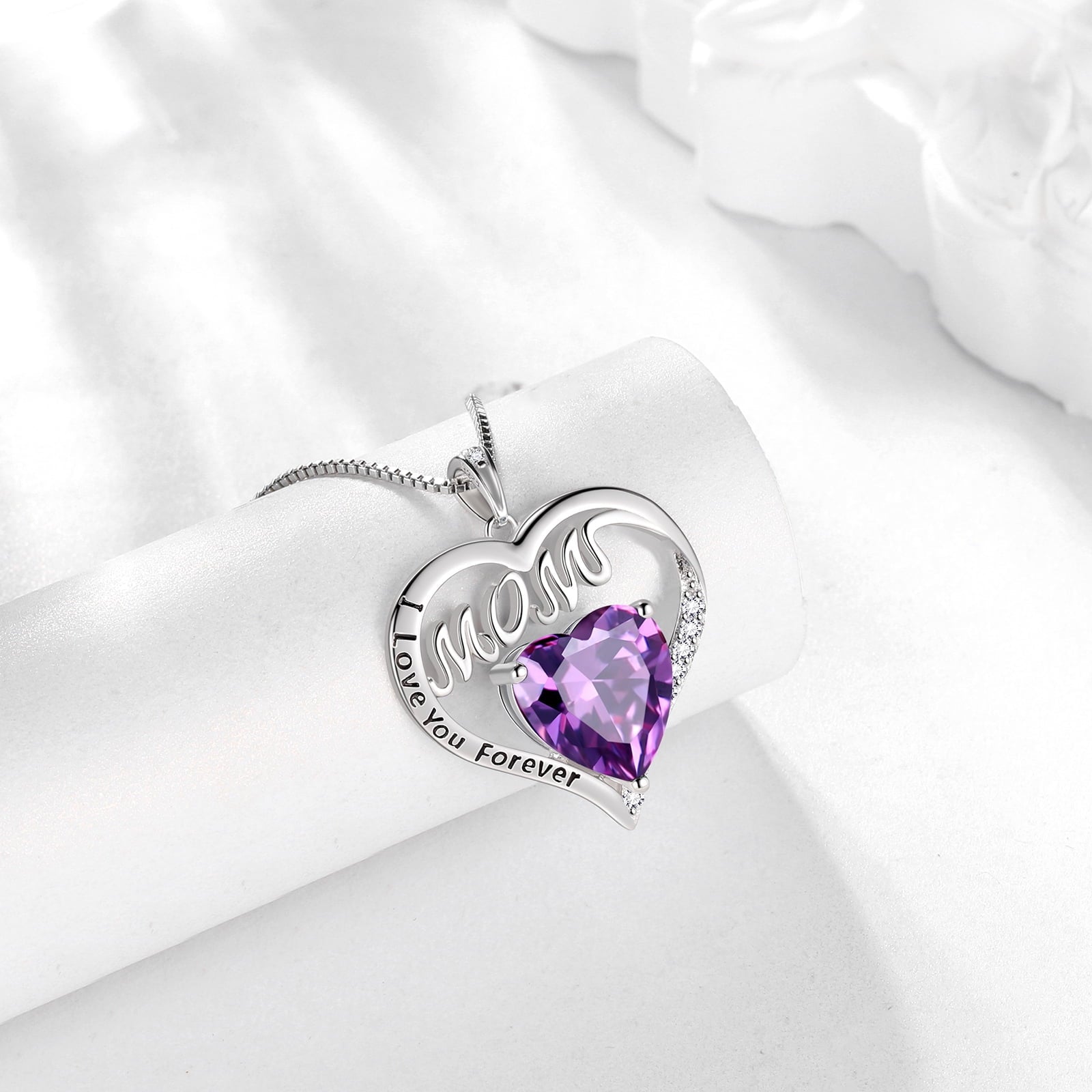 Women Mom Necklace Heart February Birthstone Necklace Amethyst Purple Sterling Silver Pendant Jewelry Christmas Birthday Mother's Day Gift from Daughter - Aurora Tears