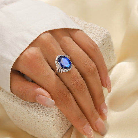8Ct Oval Women Blue Sapphire Ring 925 Sterling Silver Halo September Birthstone Ring Jewelry Mom Grandma Birthday Christmas Mother's Day Gift - Aurora Tears