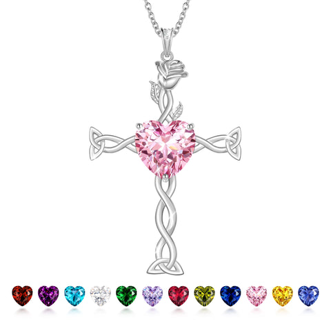 Juwaliy 925 Sterling Silver Plated Celtic Cross Necklace for Women,Birthstone Rose Flower Pendant Irish Jewelry Christmas Valentines Birthday Gift