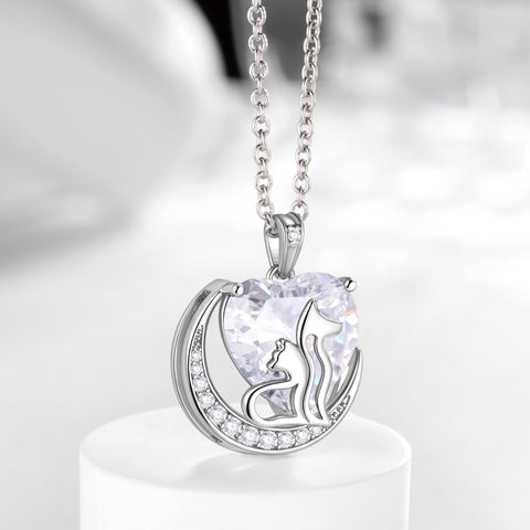 Women Animal Cat and Dog Necklace White Heart April Birthstone Charm Diamond Crystal Pendant Jewelry Birthday Gift for Mother Wife Daughter Pet Lovers - Aurora Tears