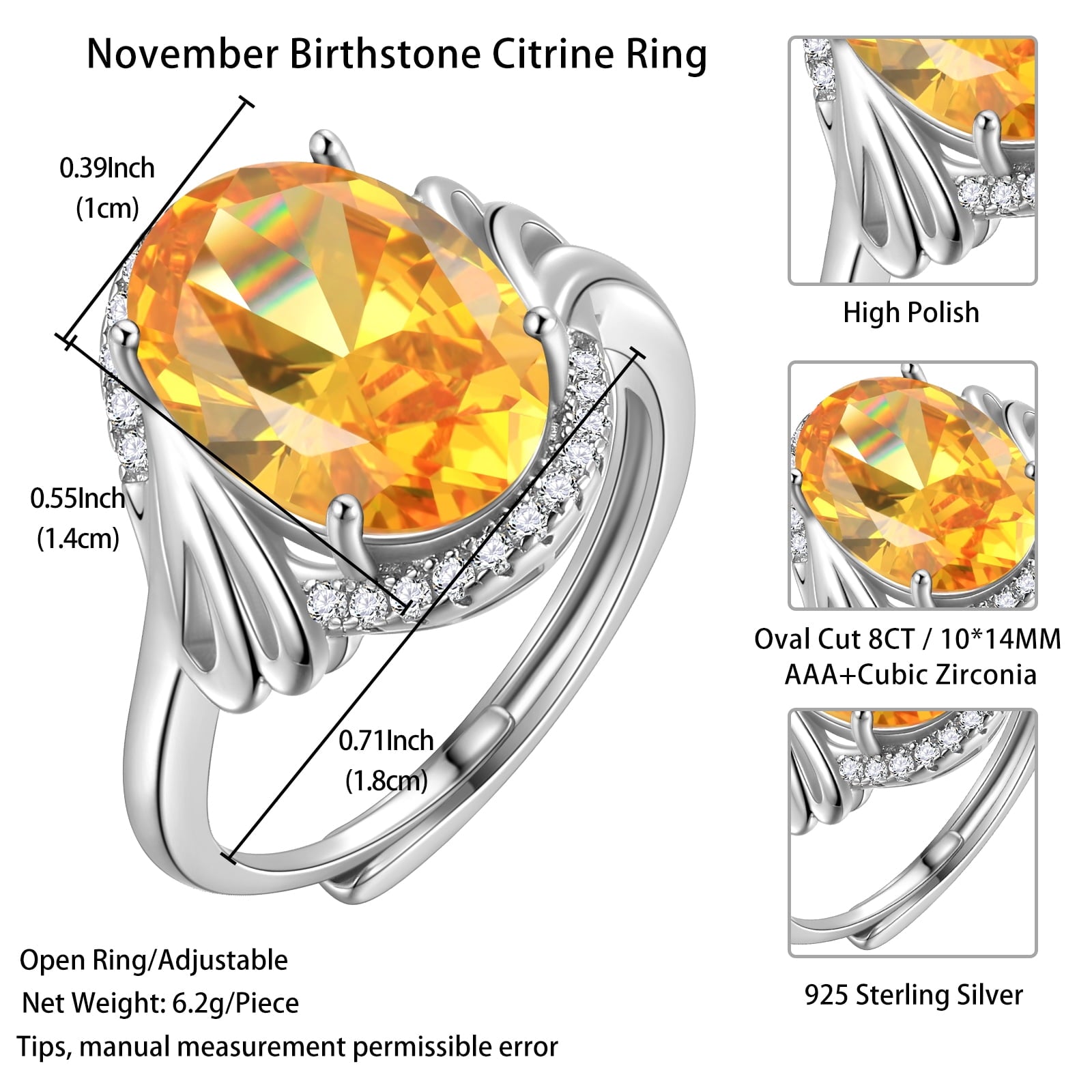 925 Sterling Silver Ring Women 8Ct Halo Oval November Birthstone Ring Citrine Yellow Jewelry Christmas Birthday Mother Day Gift for Grandma - Aurora Tears