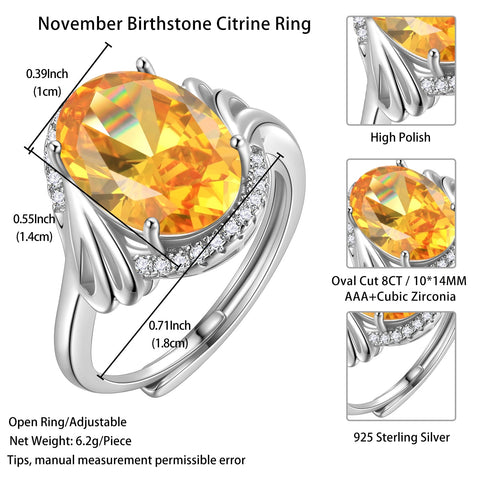 925 Sterling Silver Ring Women 8Ct Halo Oval November Birthstone Ring Citrine Yellow Jewelry Christmas Birthday Mother Day Gift for Grandma - Aurora Tears