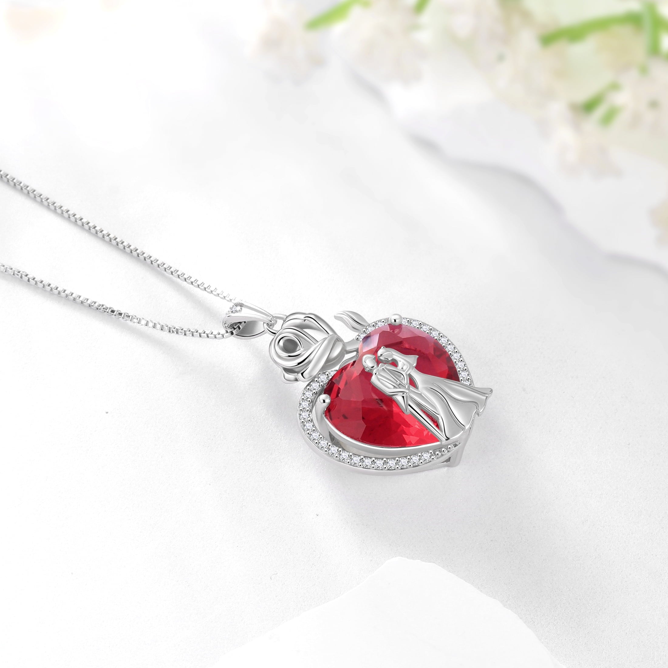Couple Necklace for Women 925 Sterling Silver 15MM Heart July Birthstone Rose Pendant Wedding Engagement Jewelry Valentines Day Gift for Her Wife/Girlfriend/Bride - Aurora Tears