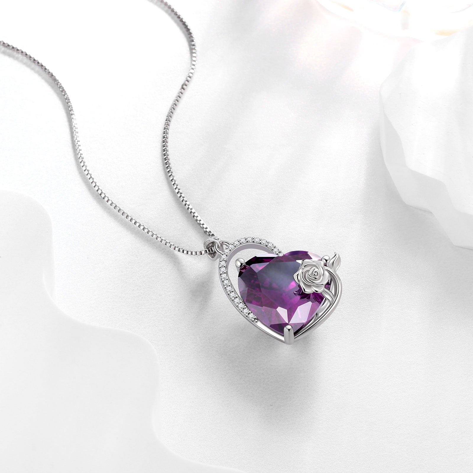 925 Sterling Silver 15MM Heart Necklace Women February Birthstone Amethyst Jewelry Purple Rose Flower Pendant Mother Birthday Valentine's Day Gift - Aurora Tears