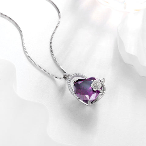 925 Sterling Silver 15MM Heart Necklace Women February Birthstone Amethyst Jewelry Purple Rose Flower Pendant Mother Birthday Valentine's Day Gift - Aurora Tears