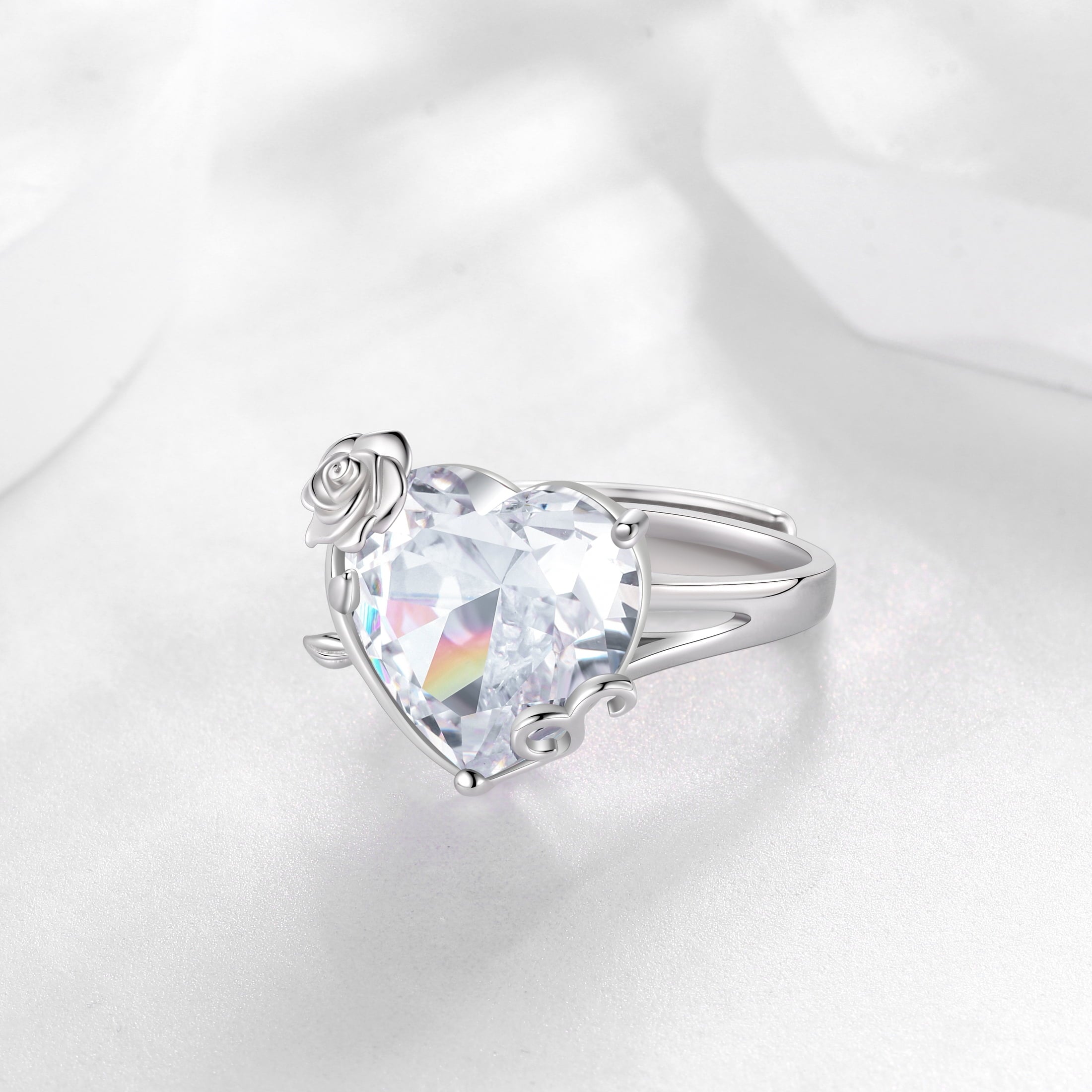 9Ct Women Heart Ring 925 Sterling Silver Rose Flower April Birthstone Diamond Crystal Solitaire Ring Bridal Jewelry Birthday Gift - Aurora Tears