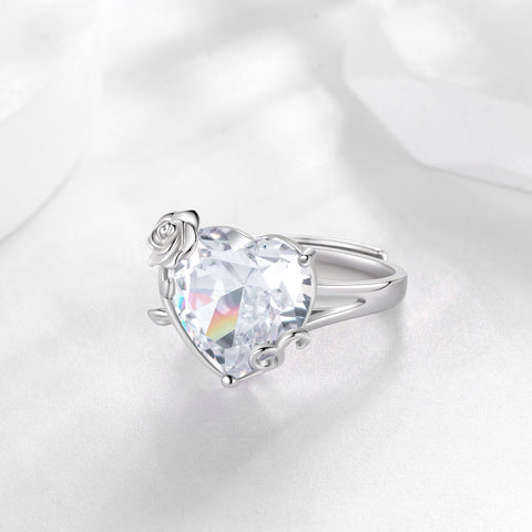 9Ct Women Heart Ring 925 Sterling Silver Rose Flower April Birthstone Diamond Crystal Solitaire Ring Bridal Jewelry Birthday Gift - Aurora Tears