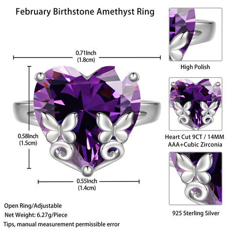 9Ct Women Heart Ring 925 Sterling Silver Butterfly February Birthstone Amethyst Purple Solitaire Ring Jewelry Girlfriend Valentine's Day Gift - Aurora Tears