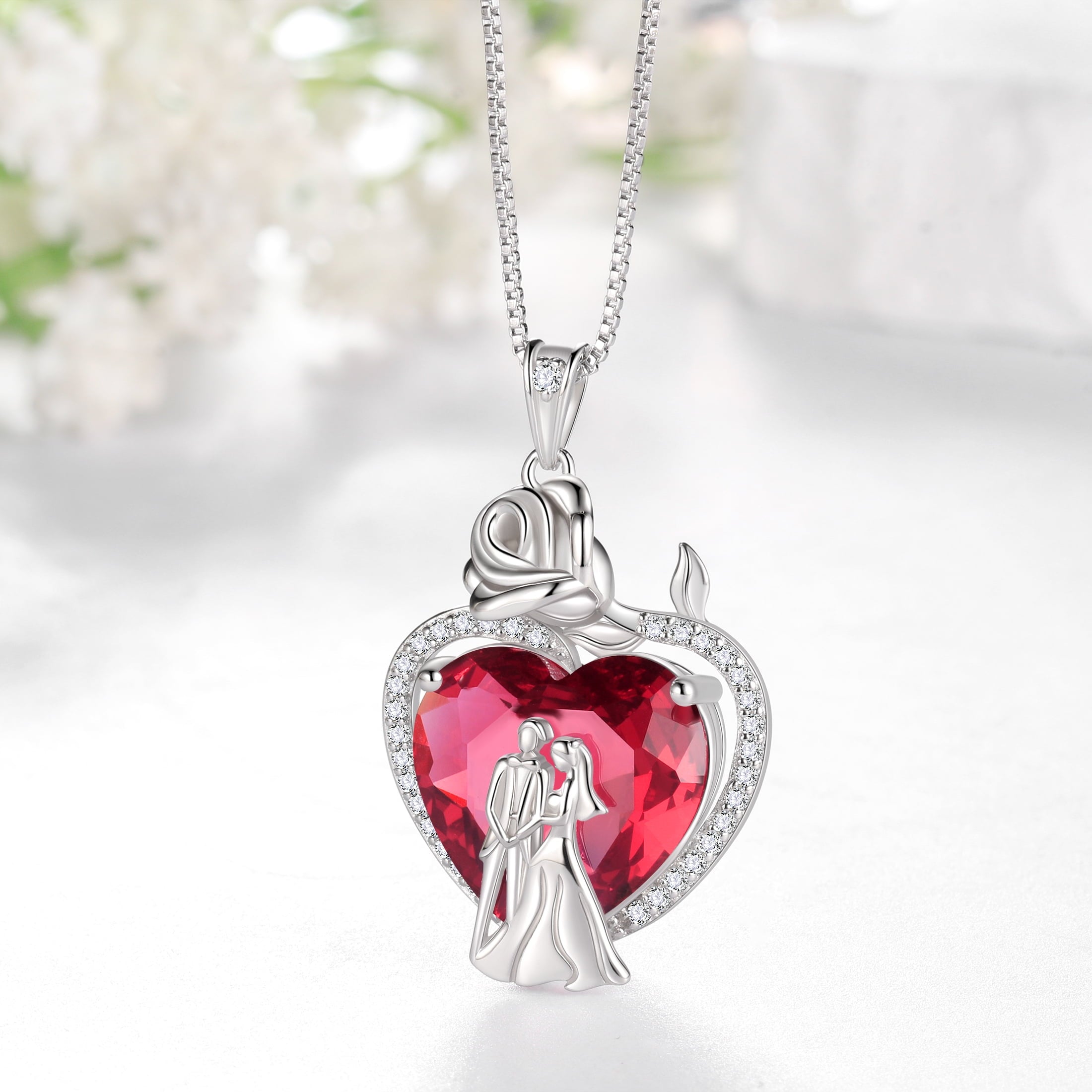 Couple Necklace for Women 925 Sterling Silver 15MM Heart July Birthstone Rose Pendant Wedding Engagement Jewelry Valentines Day Gift for Her Wife/Girlfriend/Bride - Aurora Tears