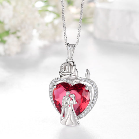 Couple Necklace for Women 925 Sterling Silver 15MM Heart July Birthstone Rose Pendant Wedding Engagement Jewelry Valentines Day Gift for Her Wife/Girlfriend/Bride - Aurora Tears