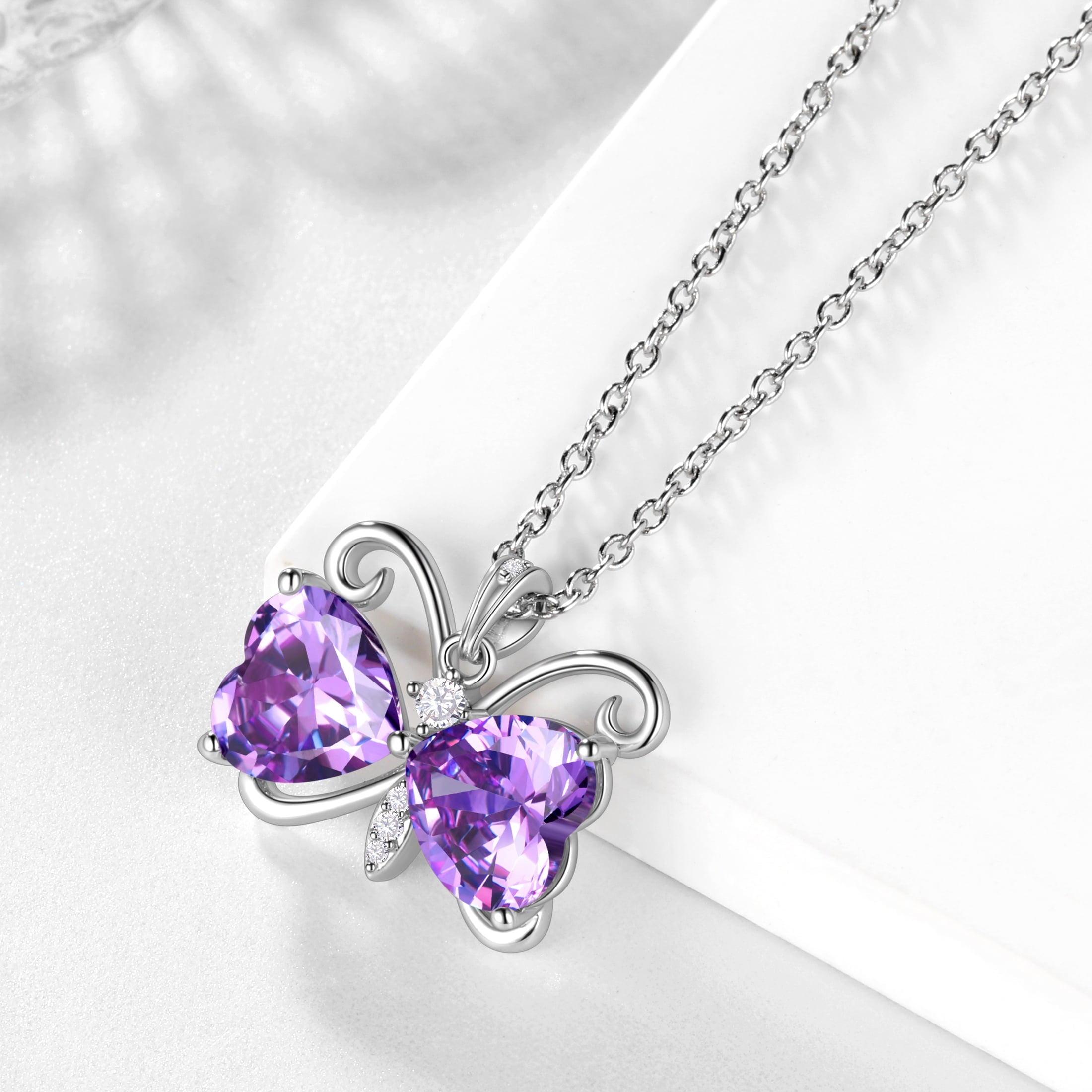 Women Purple Butterfly Necklace Heart February Birthstone Necklace Amethyst Silver Plated Pendant Jewelry Wife Birthday Valentine's Day Gifts - Aurora Tears